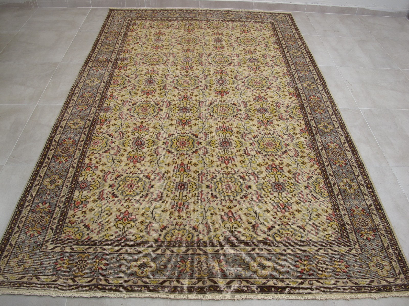 Vintage Yellow Handmade Floral Rug Large Oriental Distressed Wool Rug Carpet gallery
