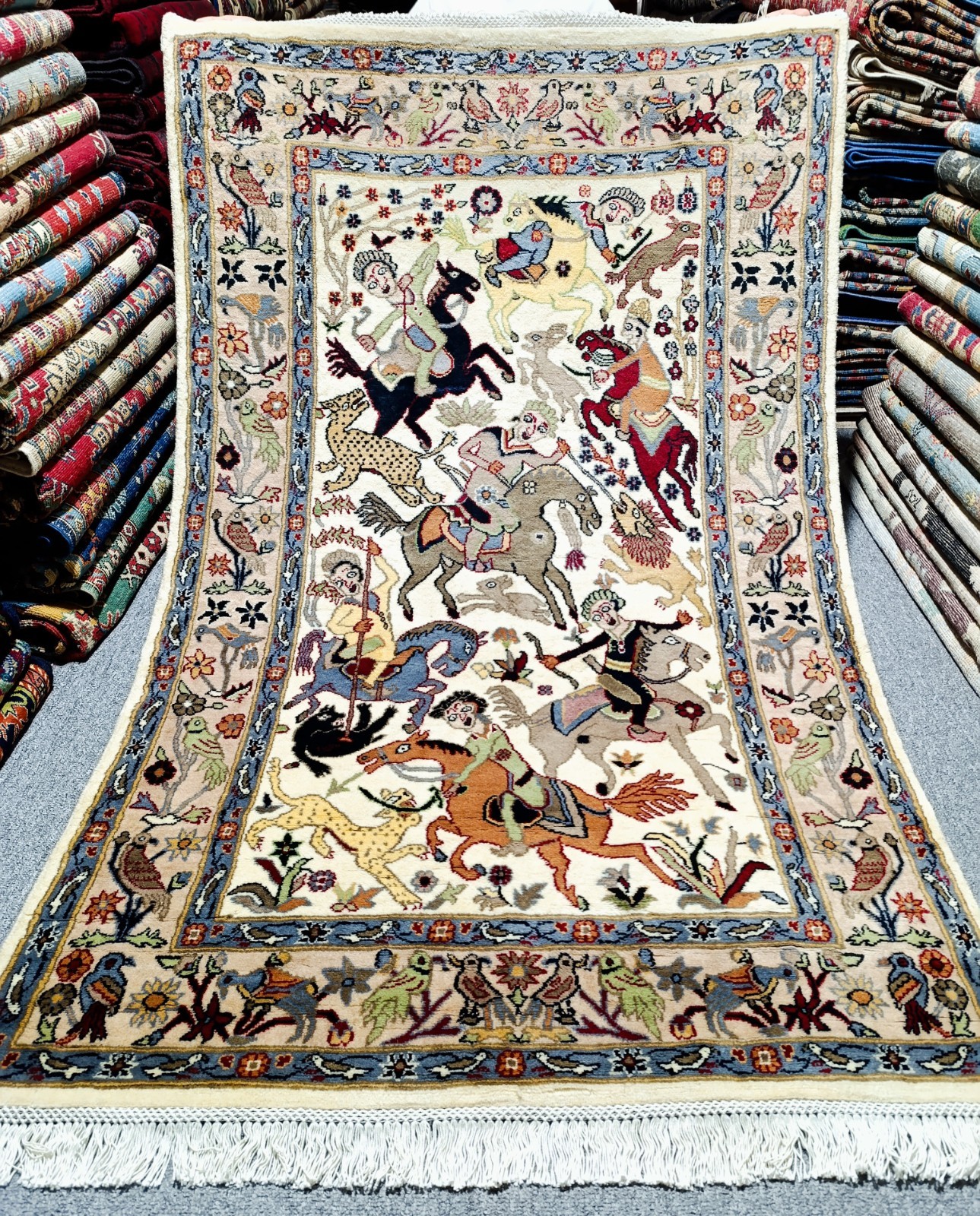 Vintage Kashmiri Hunting Scene Pictorial Rug Hand Knotted Wool 4x6.3 ft gallery