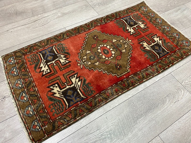 Vintage Turkish Tribal Rug 1.7x3.3 Ft Red Handwoven Anatolian Small Carpet gallery