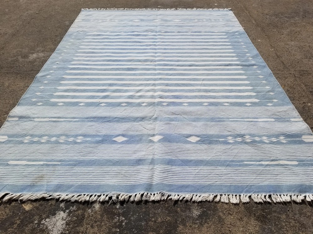 Vintage Traditional Handmade Dhurrie Striped Wool Blue & White Kilim 7.0x5.2 ft