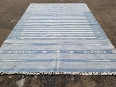 Vintage Traditional Handmade Dhurrie Striped Wool Blue & White Kilim 7.0×5.2 ft