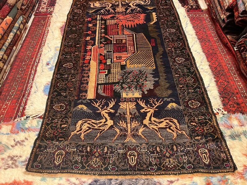 220 X 120 COLLECTORS' ITEM Vintage Stunning Pictorial Shikargah Deer Hunting Rug gallery