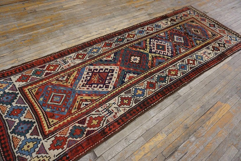 Antique Caucasian Moghan Rug 3'5"×9'5" Multi Geometric, Ivory Border, Circa 1890 gallery