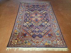 Per’sian Rug 5×7, Dark Blue, Multicolor Panel Design, Wool Handmade