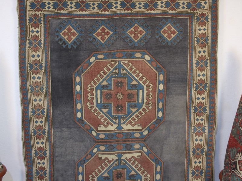 Vintage Hand Knotted Area Rug Blue Red Beige Geometric Turkish Rug 5x8 ft gallery