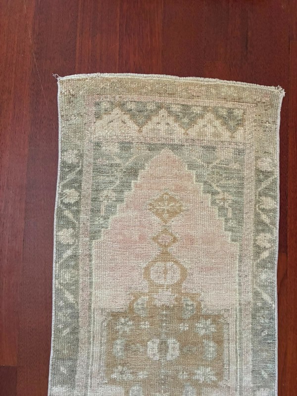 Muted Pastel 2x4 Small Runner Pink Green Cream Wool Hand Knotted Vintage Rug gallery