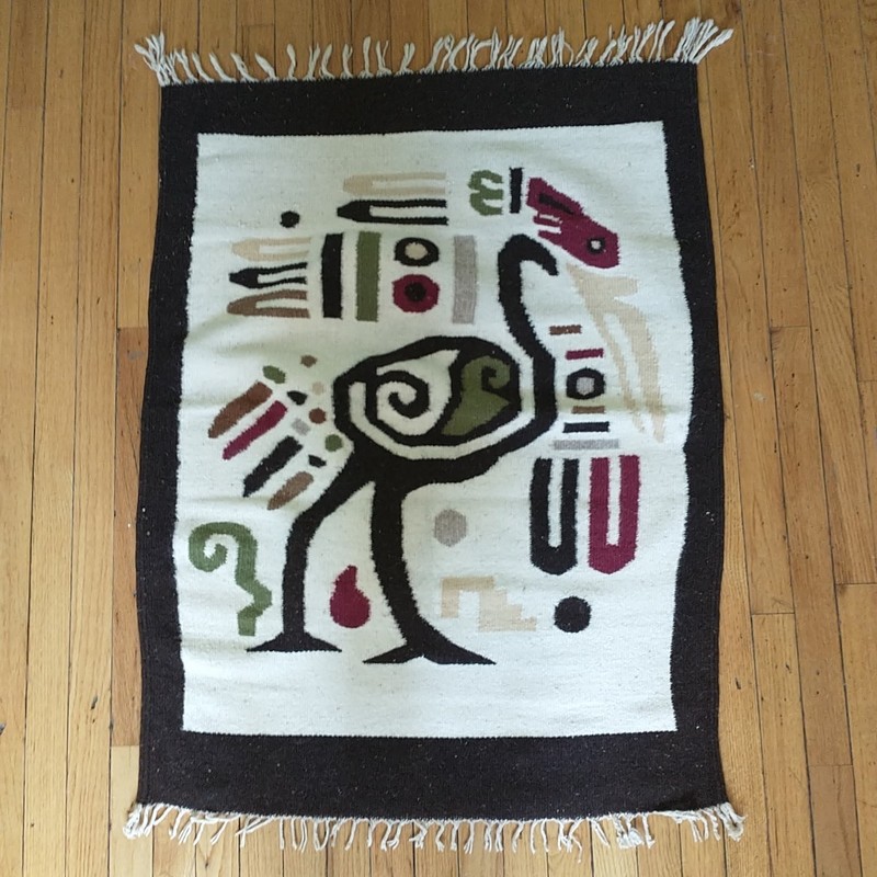 Vtg Southwest Weaving Tapestry Kilim Rug Wool Bird Peyote Handmade Brown White gallery