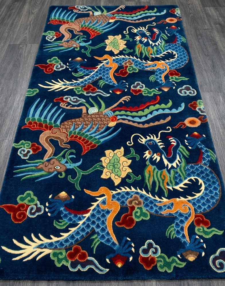 Antique Tibetan Dragon & Phoenix Rug 3x6 Hand Knotted Vintage Style Wool Carpets