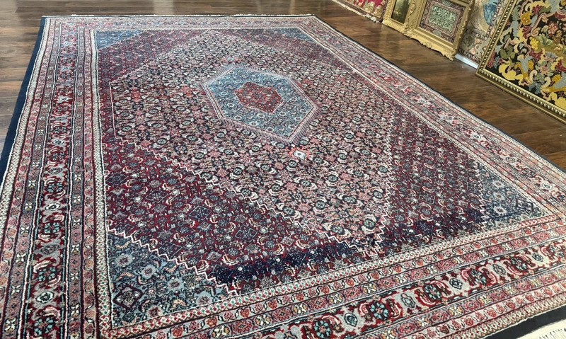 Indo Bidjar Rug 8x11 Herati Mahi Pattern Red Navy Blue Handmade Vintage Wool gallery