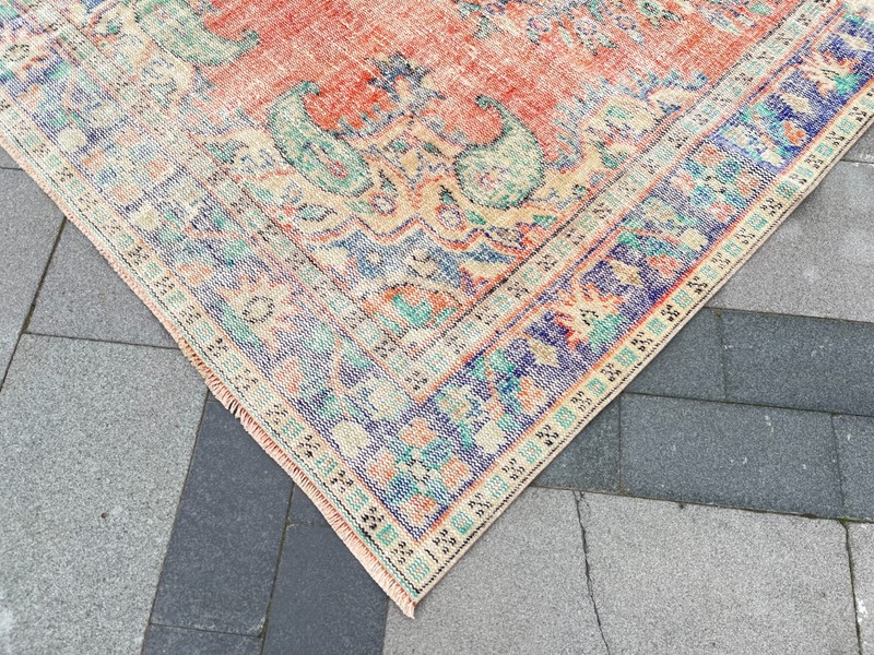 Vintage Turkish Rug 6x10 Faded Distressed Oushak Carpet 5.5x9.5 Terracotta Blue gallery