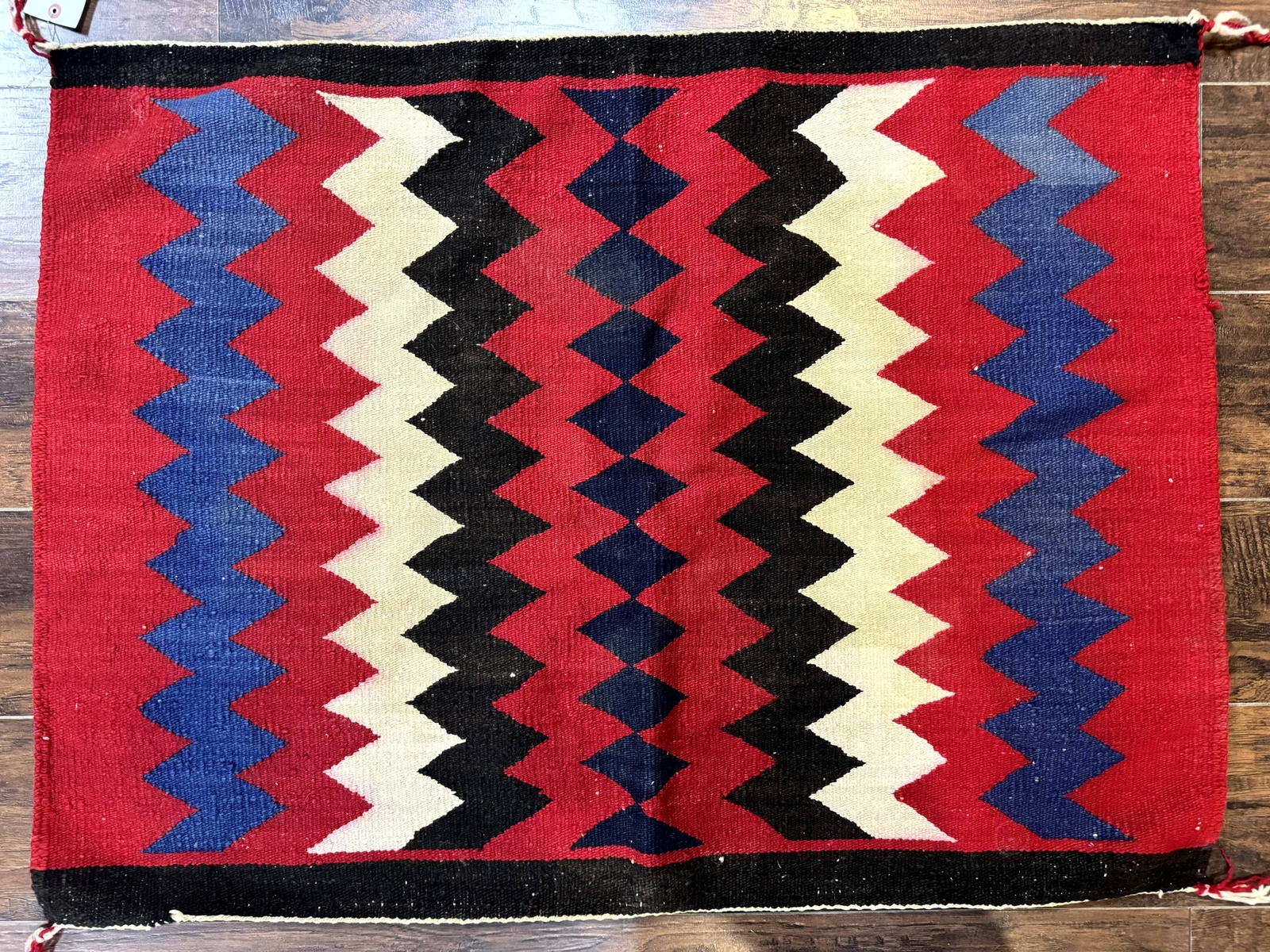 Antique Navajo Rug 3.7 x 2.8, Red Ivory Blue, Zig Zag Pattern, Handmade, Wool gallery