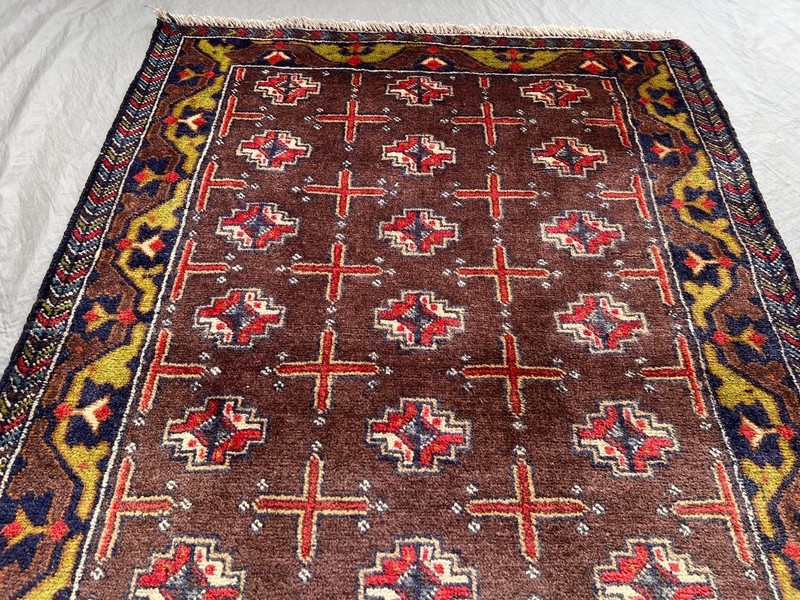 2'6x5'8 ft Vintage Afghan Baluchi Hand Knotted Wool Brown Red Grid Tribal Runner gallery