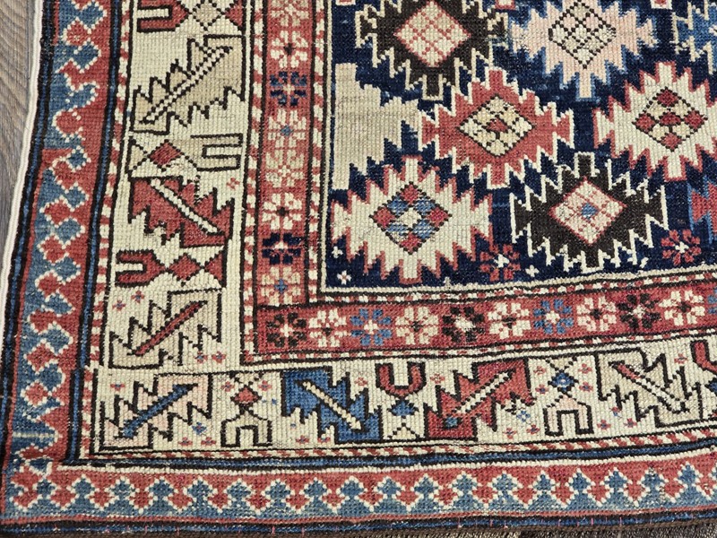 1880 Antique Caucasian Shirvan Rug 3ft 9" By 5ft Navy Ground Ivory Blue Bronze gallery