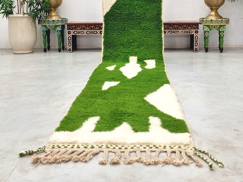 Moroccan Handmade Beniourain Rug 2'2x12 Berber Abstract Green &White Wool Runner gallery