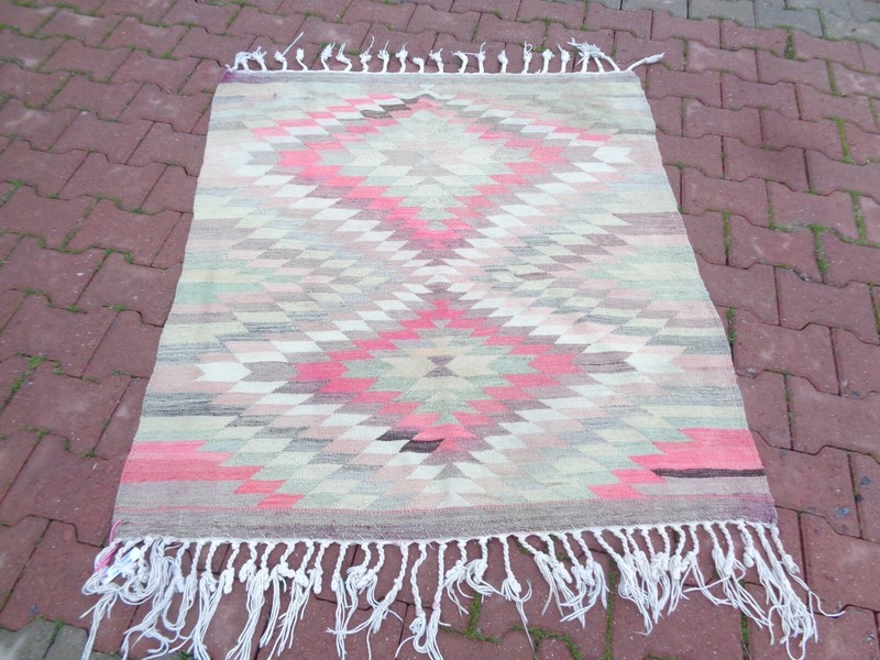 Pink Kilim Rug 4.2 x 3.7 Ft Colorful Rug For Kids Room, Kitchen Rug Non Slip 663 gallery