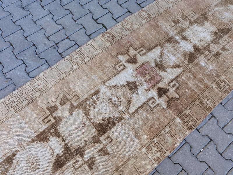 Vintage Turkish Oushak Runner 3x11 Hand Knotted Wool Brown Tan Tribal gallery