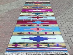 Vintage Turkish Kilim, Handmade Wool Floor Rug, Large Carpet, Blue Rugs 56″x133″