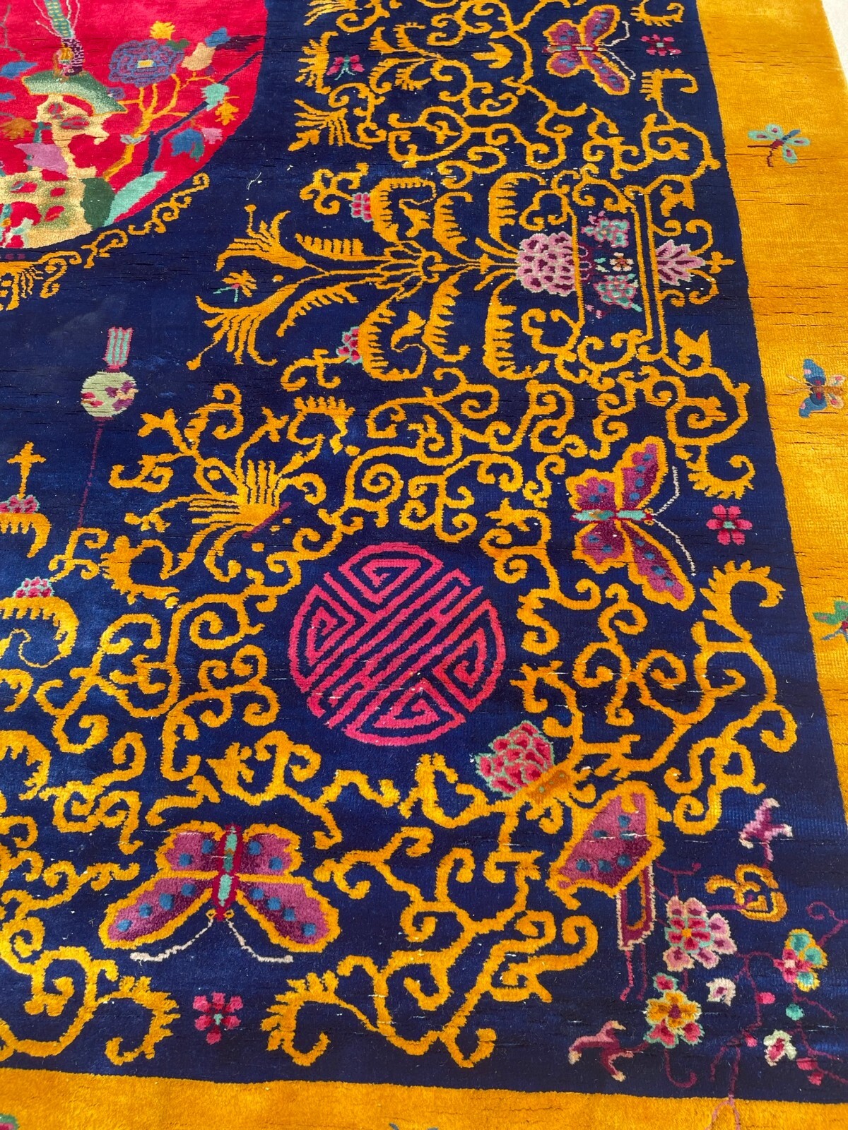 ANTIQUE CHINESE ART DECO RUG BLUE AND GOLD gallery