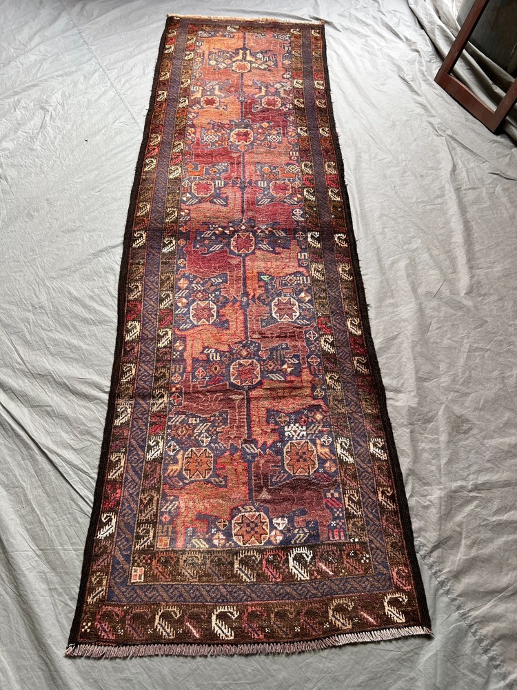 2'7x9 ft Vintage Afghan Baluchi Hand Knotted Wool Rust Blue Floral Star Runner