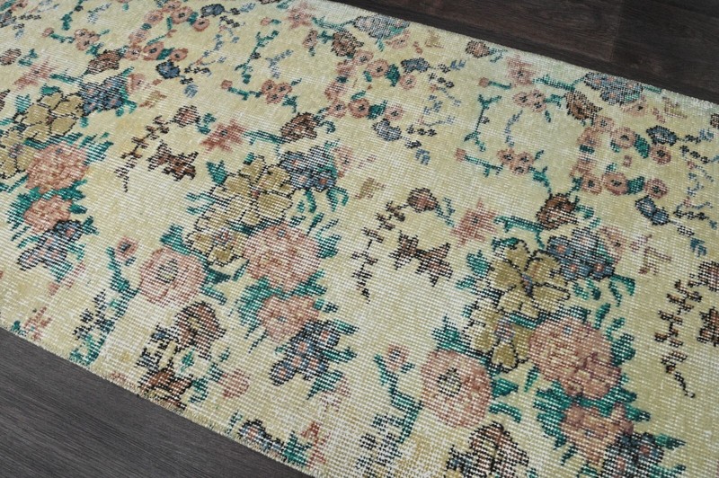 Vintage Turkish Runner Rug 2x7ft YELLOW Handmade Anatolian Oushak Hallway Wool gallery