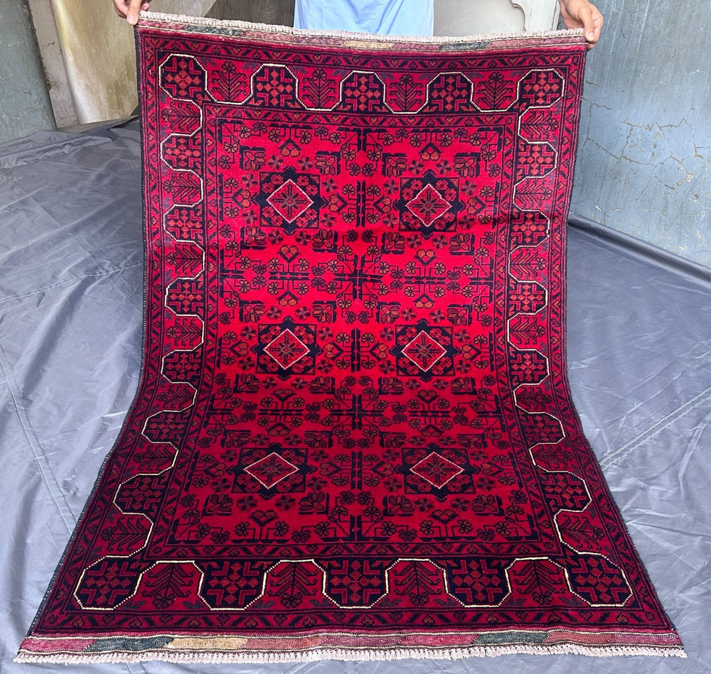 Hand Knotted Afghan Turkmen Rug Khal Mohammadi Red Geometric Moss Rug 3'5x4'10