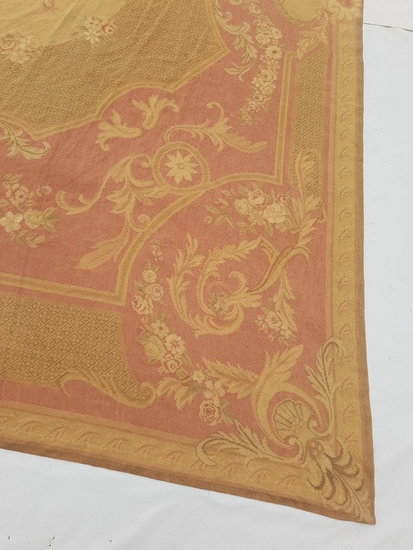 Vintage French Handwoven Floral Pink Beige Wool Rug Carpet 11.1x8.3ft gallery
