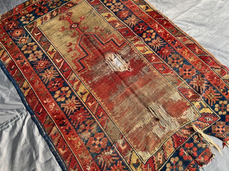 Antique Turkish Prayer Rug Distressed Low Pile Anatolian Seccade Vintage 3x4.3FT gallery