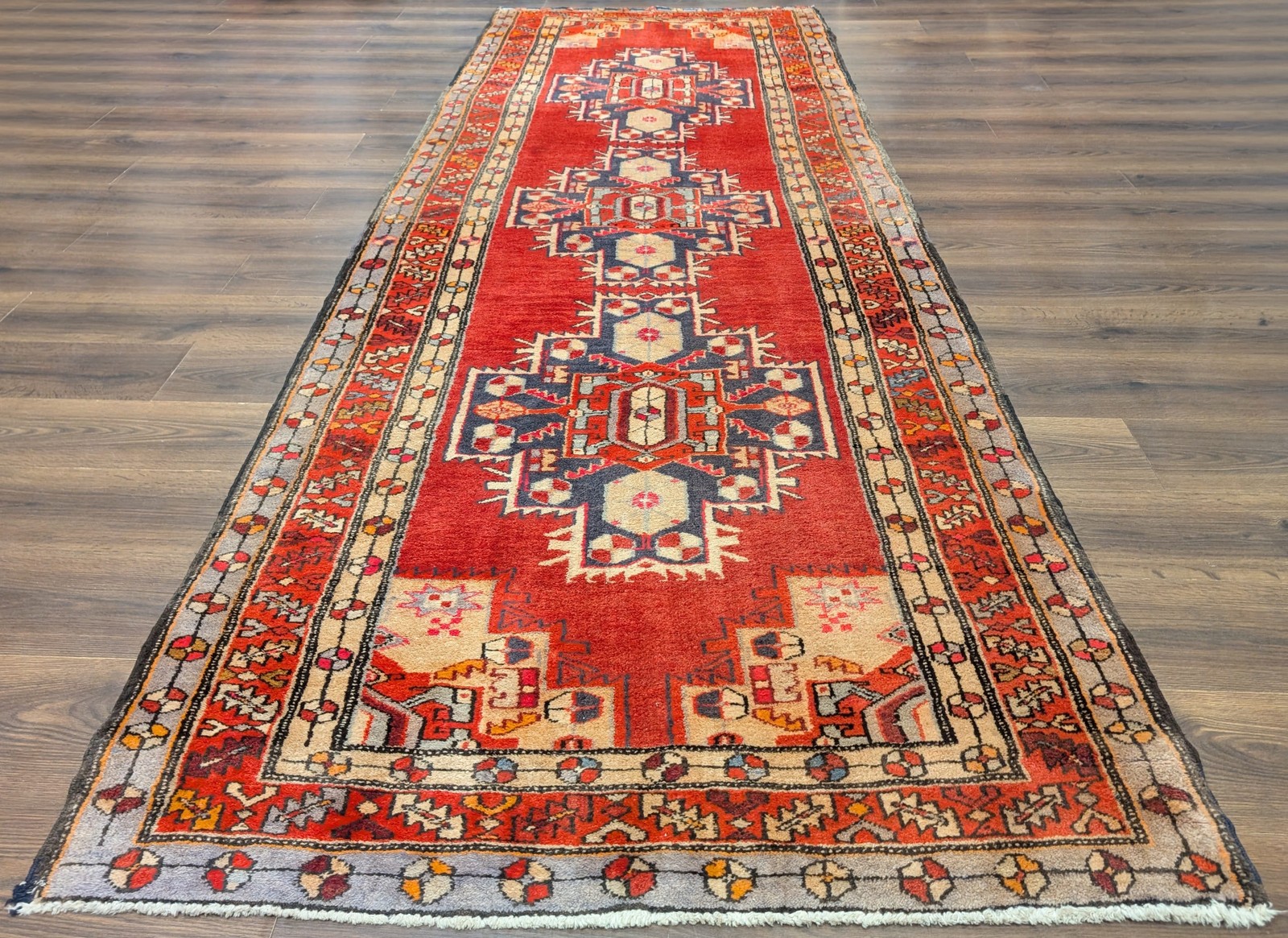 Per'sian Karajeh Heriz Runner 4x12, Geometric Medallions, Terracotta Red gallery