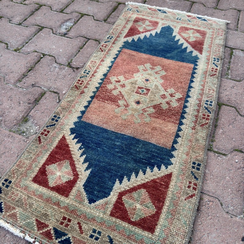 Blue Terracotta 1x3 ft Vintage Turkish Wool Rug - Tariff Free gallery