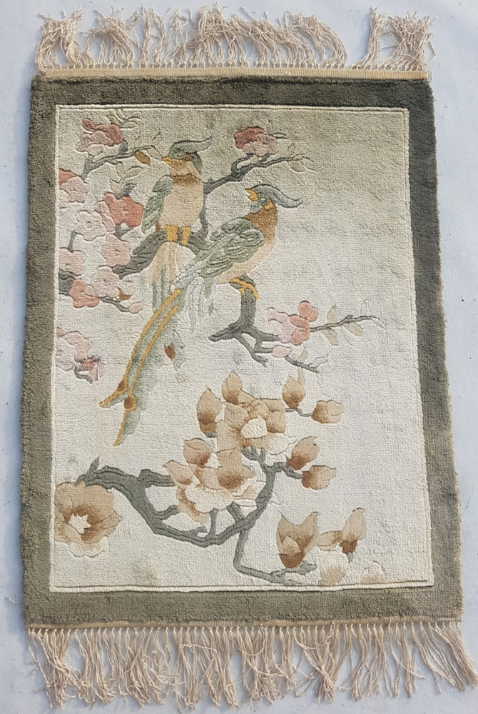 Vintage Chinese Handmade cherry blossoms Multicolor Wool Rug Carpet 60x47 cm