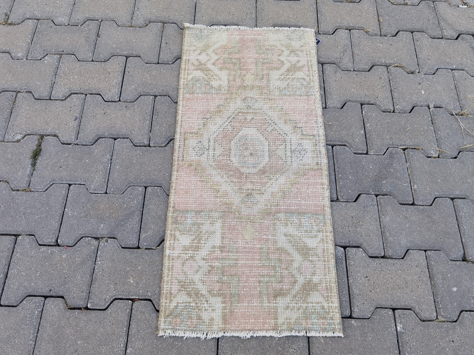 Muted Pink Oushak Wool Rug 16"x35" Small Vintage Runner Blush Cream Green gallery