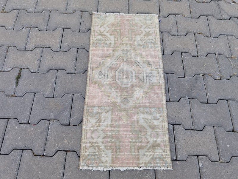 Muted Pink Oushak Wool Rug 16"x35" Small Vintage Runner Blush Cream Green gallery