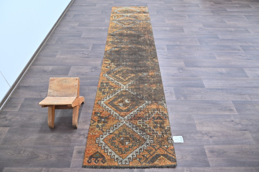 Vintage Turkish Runner Rug 2x10ft Wool Anatolian Handmade Hallway Oushak ORANGE