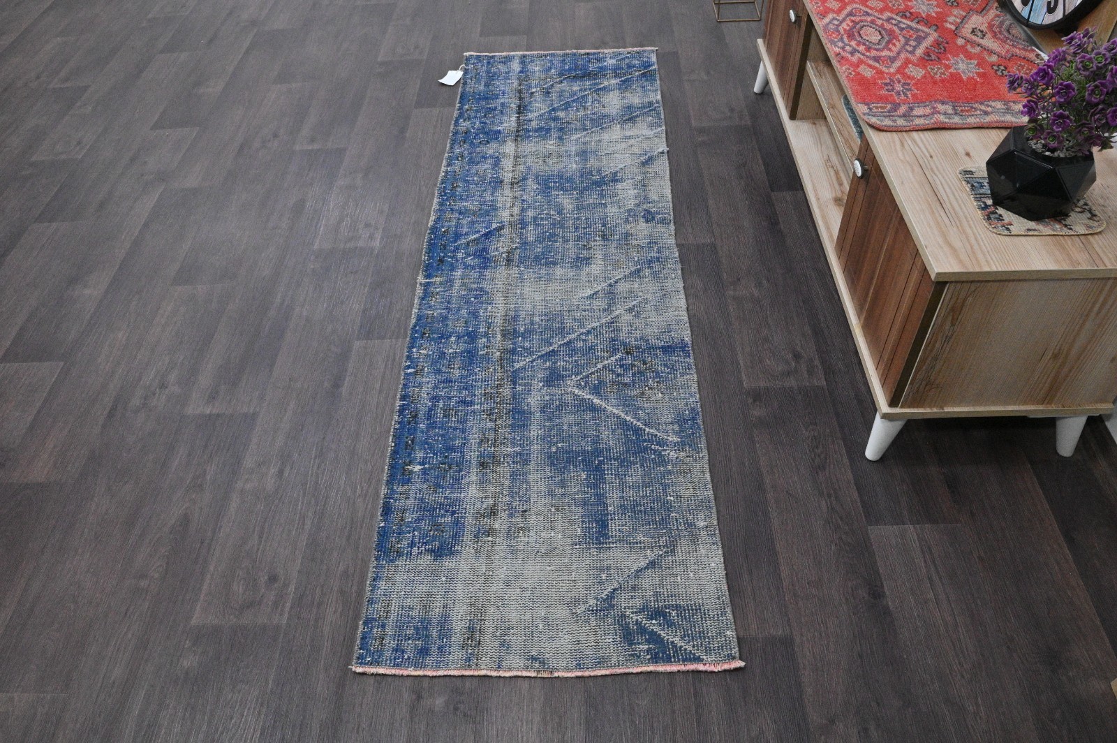 Vintage Turkish Runner Rug 2x7ft BLUE Handmade Anatolian Oushak Hallway Wool gallery