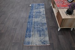 Vintage Turkish Runner Rug 2x7ft BLUE Handmade Anatolian Oushak Hallway Wool