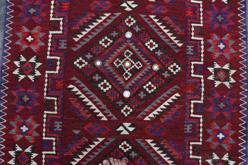 Antique Afghan Hand Woven Tribal Moqari Kilim Rug 9'8 x4'6 Ft gallery