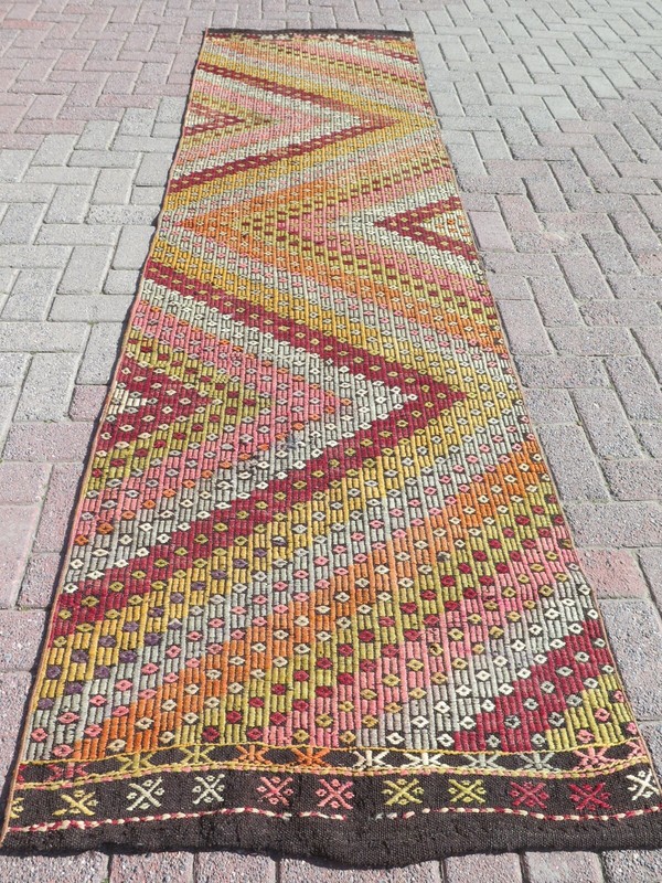 Turkish Handmade Kilim Runner Rug, Colorfull Stairs Rug, Hallway Kelim 33"X114" gallery