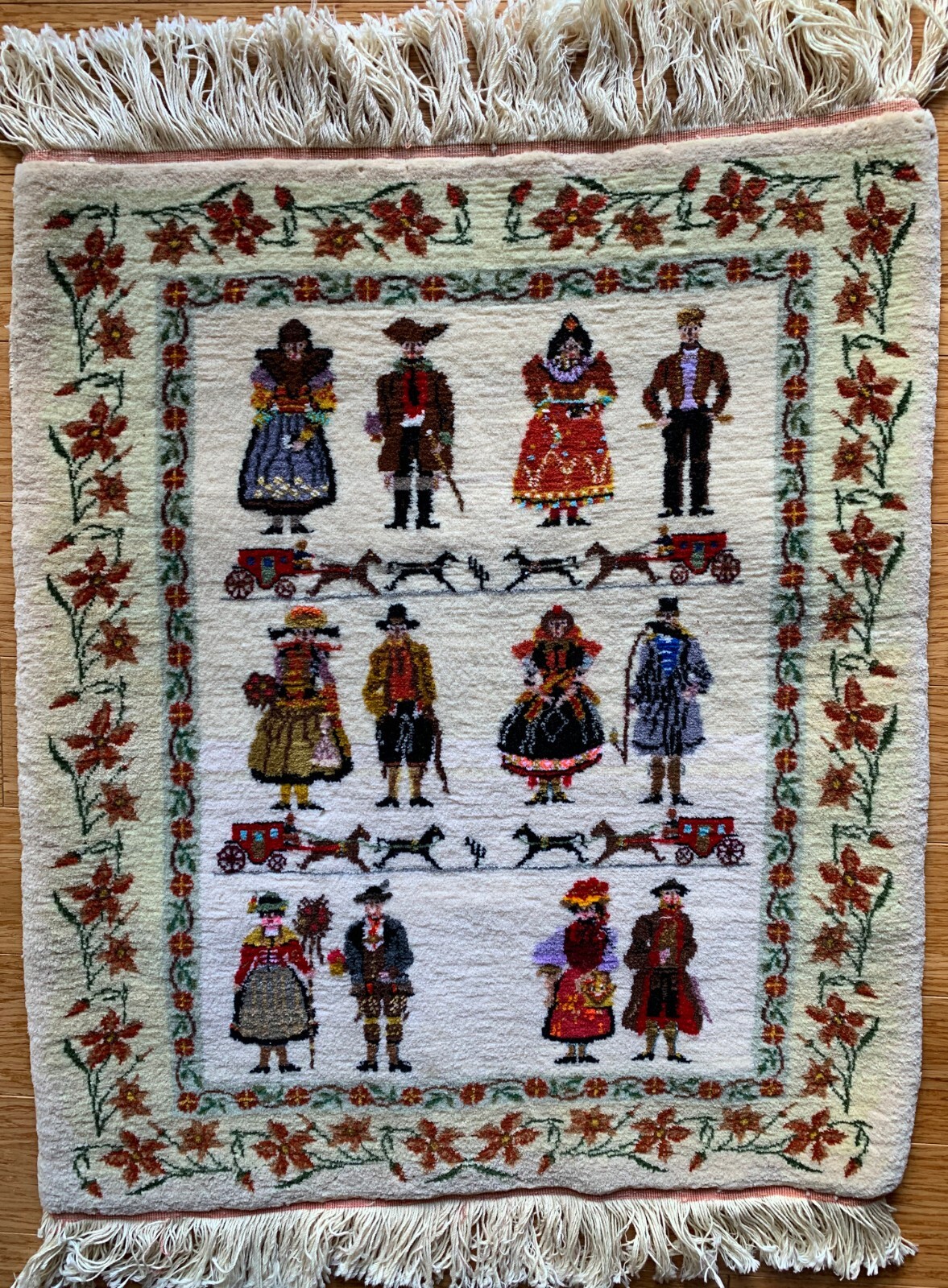 Vintage handmade wool tapestry rug with folk-art design, 22x26 inches gallery