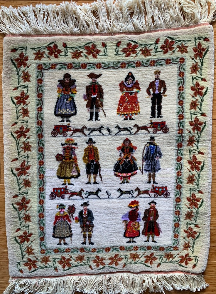 Vintage handmade wool tapestry rug with folk-art design, 22x26 inches