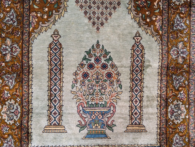 Silk Turkish Kayseri Prayer Rug, Light Mint Green, Fine 360 KPSI, Handmade gallery