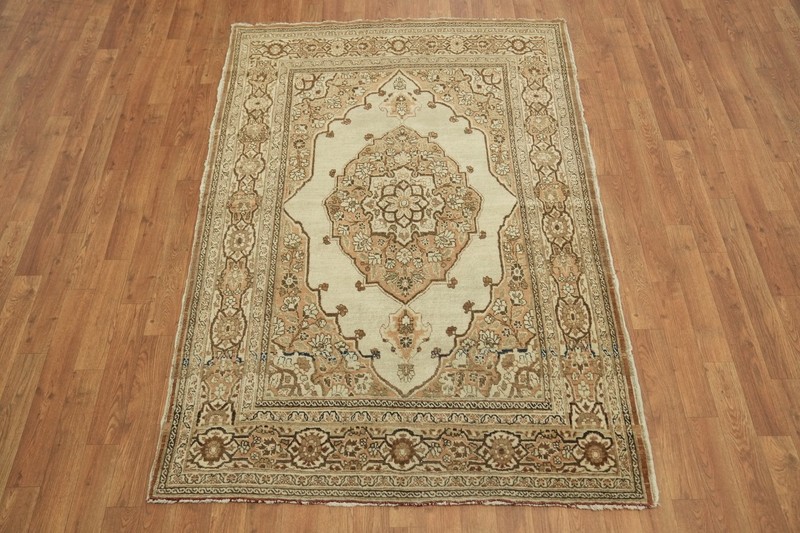 Pre-1900 4x6 Antique Beige Traditional Rug in Geometric Gold & Ivory Design gallery