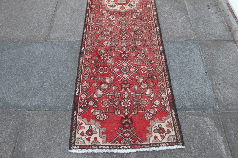 Vintage Worn Hand Made Traditional Oriental Wool Red Long Runner 257x63cm gallery