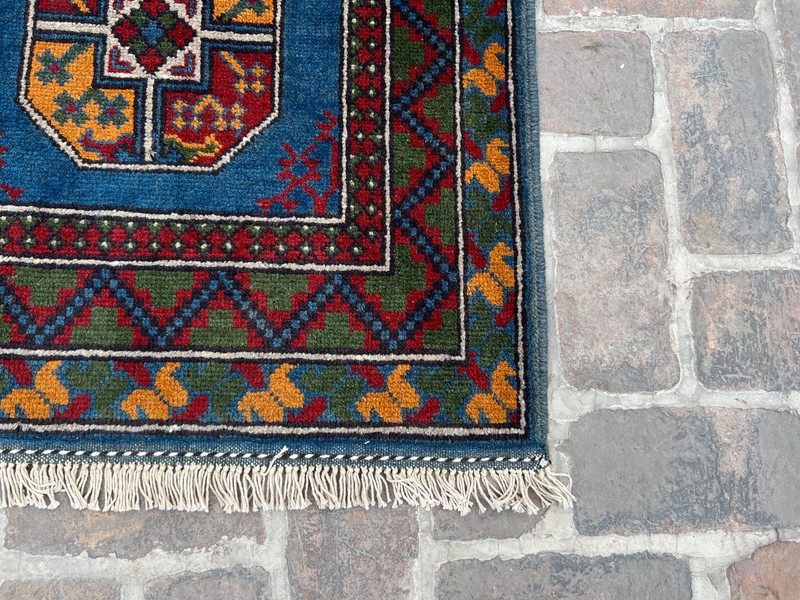 Blue Afghan Ersari Geometric Area Rug 4x6 ft Hand Knotted Tribal Bedroom Carpet gallery
