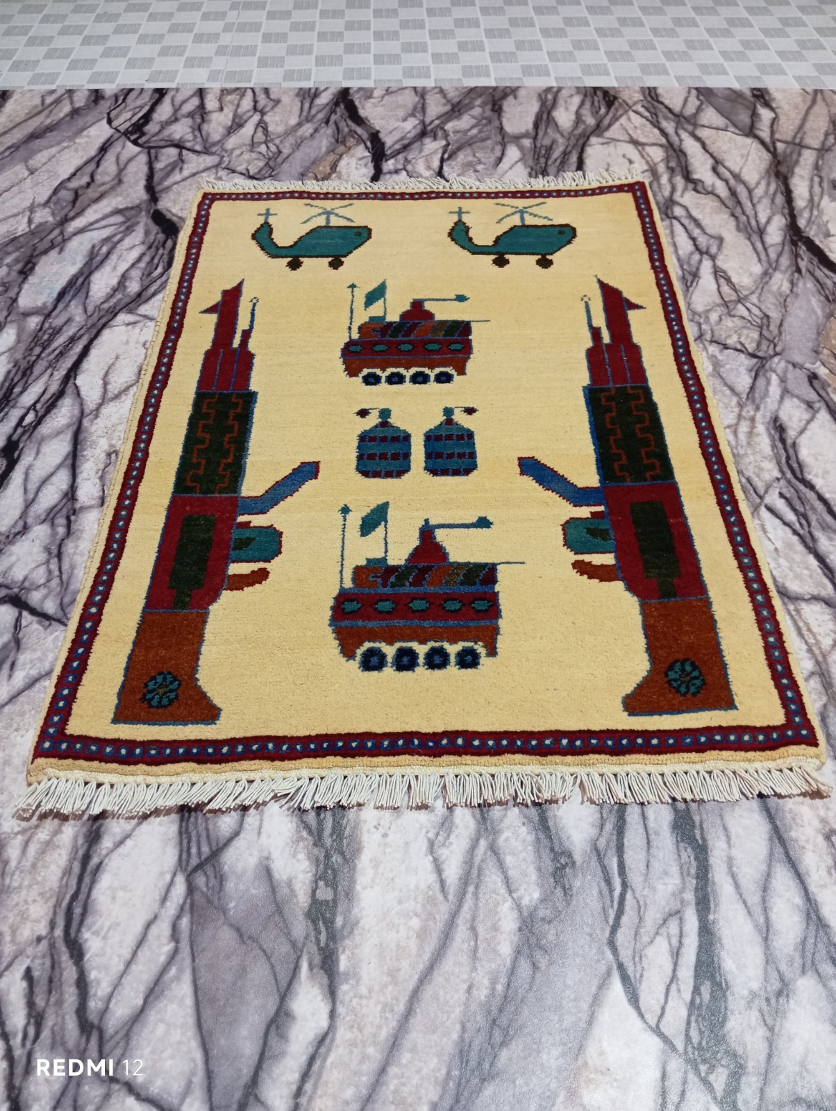 Afghan Handmade War Rug 3x2 ft – Hand-Knotted Wool Tribal War Motif Carpet gallery