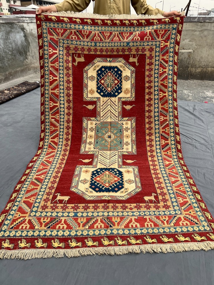 Red Turkish Pictorial Soumak Rug 4'3x7'1 Handmade Wool Animal Tribal Vintage rug