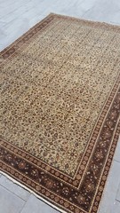 Antique Large Area Oushak Rug, Beige Brown Botanical Decor Rug, Natural Wool Rug