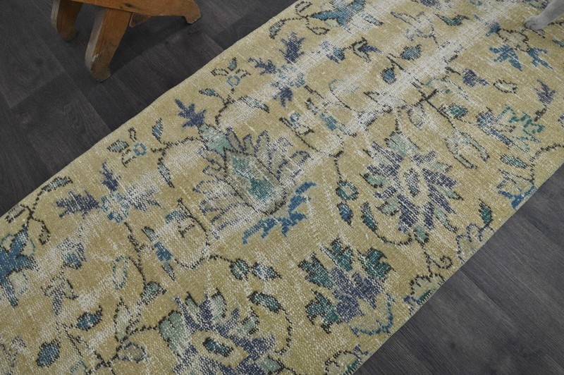 Vintage Turkish Runner Rug 2x7ft Wool Anatolian Handmade Hallway Oushak YELLOW gallery
