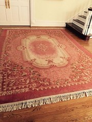 Vintage Large PINK Floral WOOL Rug~French Scrolls Detailed Borders with Fringe