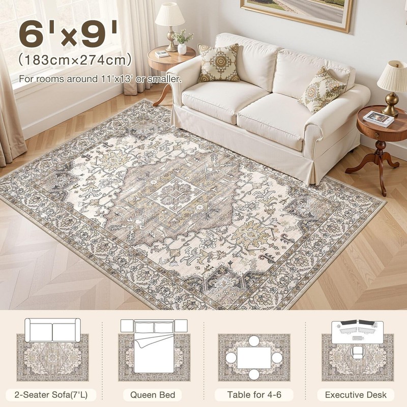 6x9 Washable Area Rugs for Living Room: Non Slip Vintage Brown Rug, Large Sof... gallery