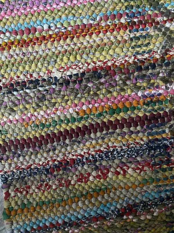 INDIA Rainbow Stripe CHINDI RAG RUG Jute Fringe Boho WORLD MARKET 2’ x 3’ gallery